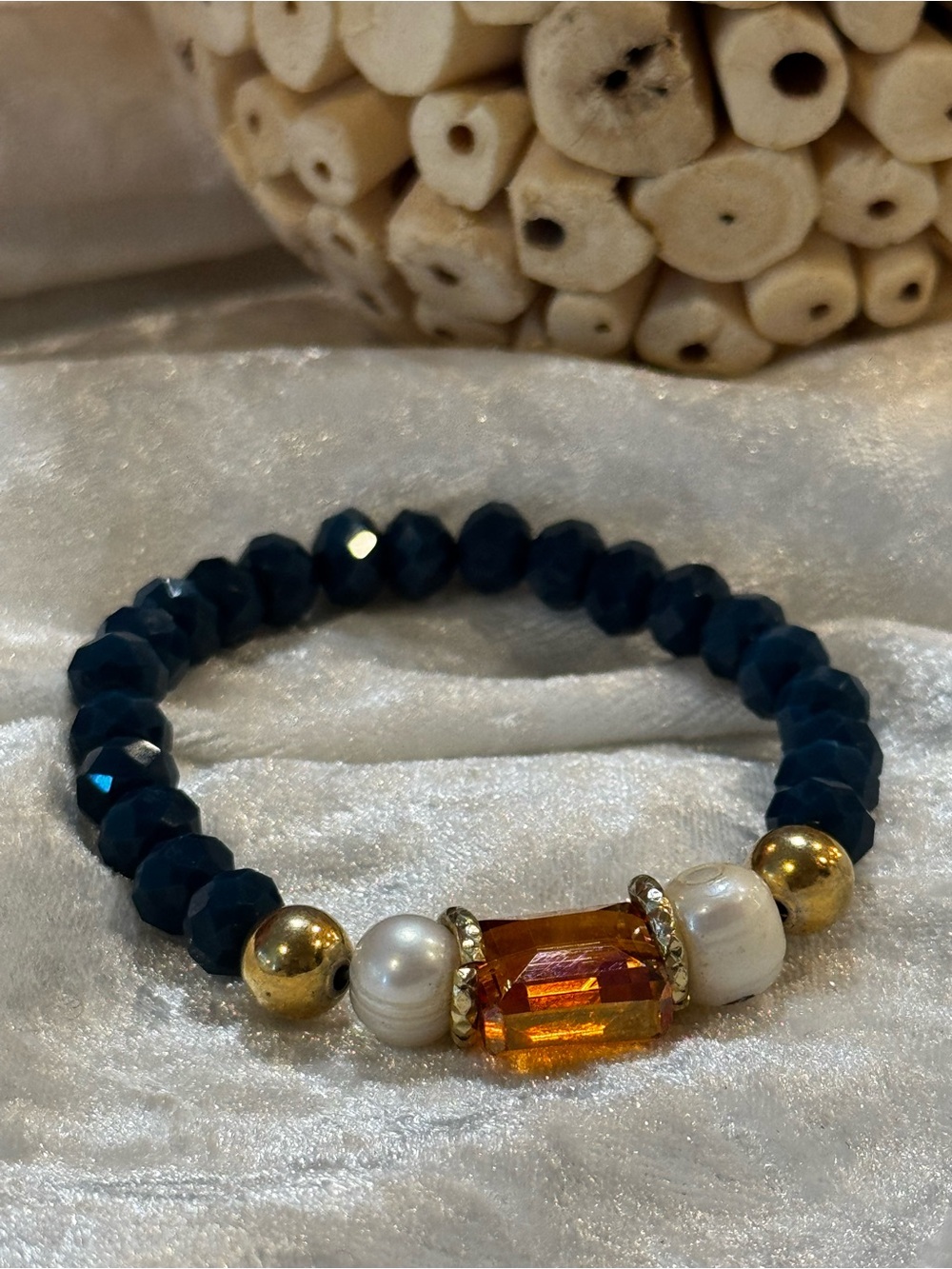 NWT Handcrafted Navy Beaded Bracelet with Amber Crystal and Pearls